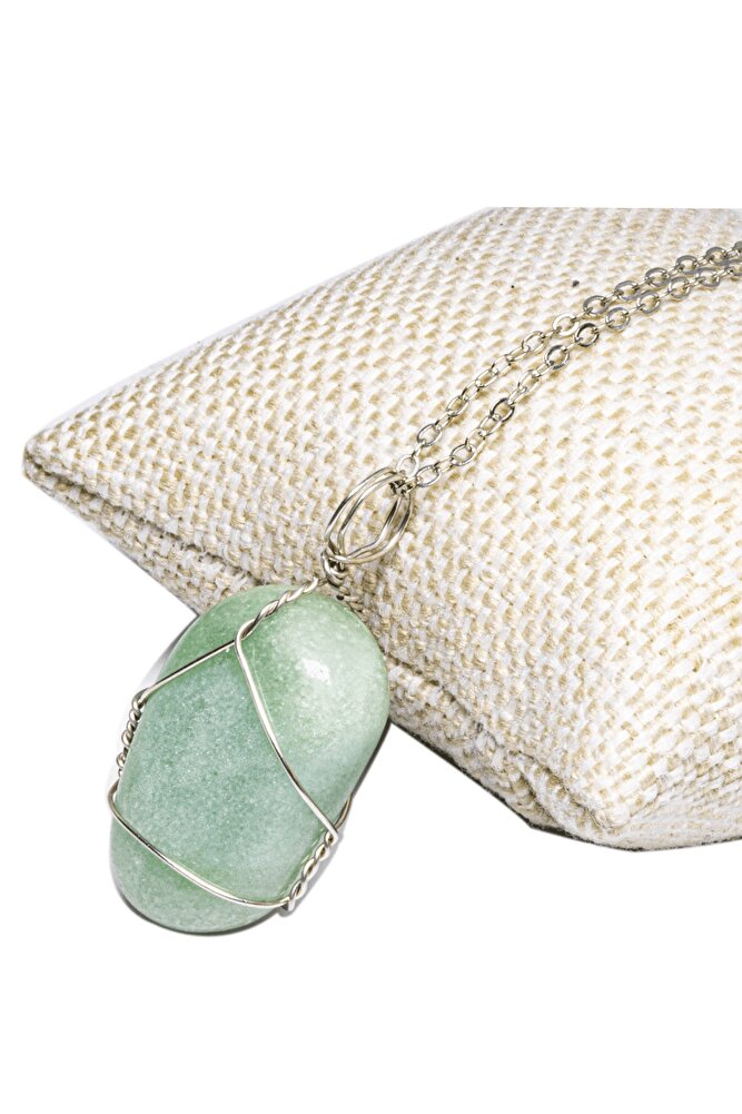 Sertifikalı Doğal Aventurin Taşı Kolye - Tel Sargılı