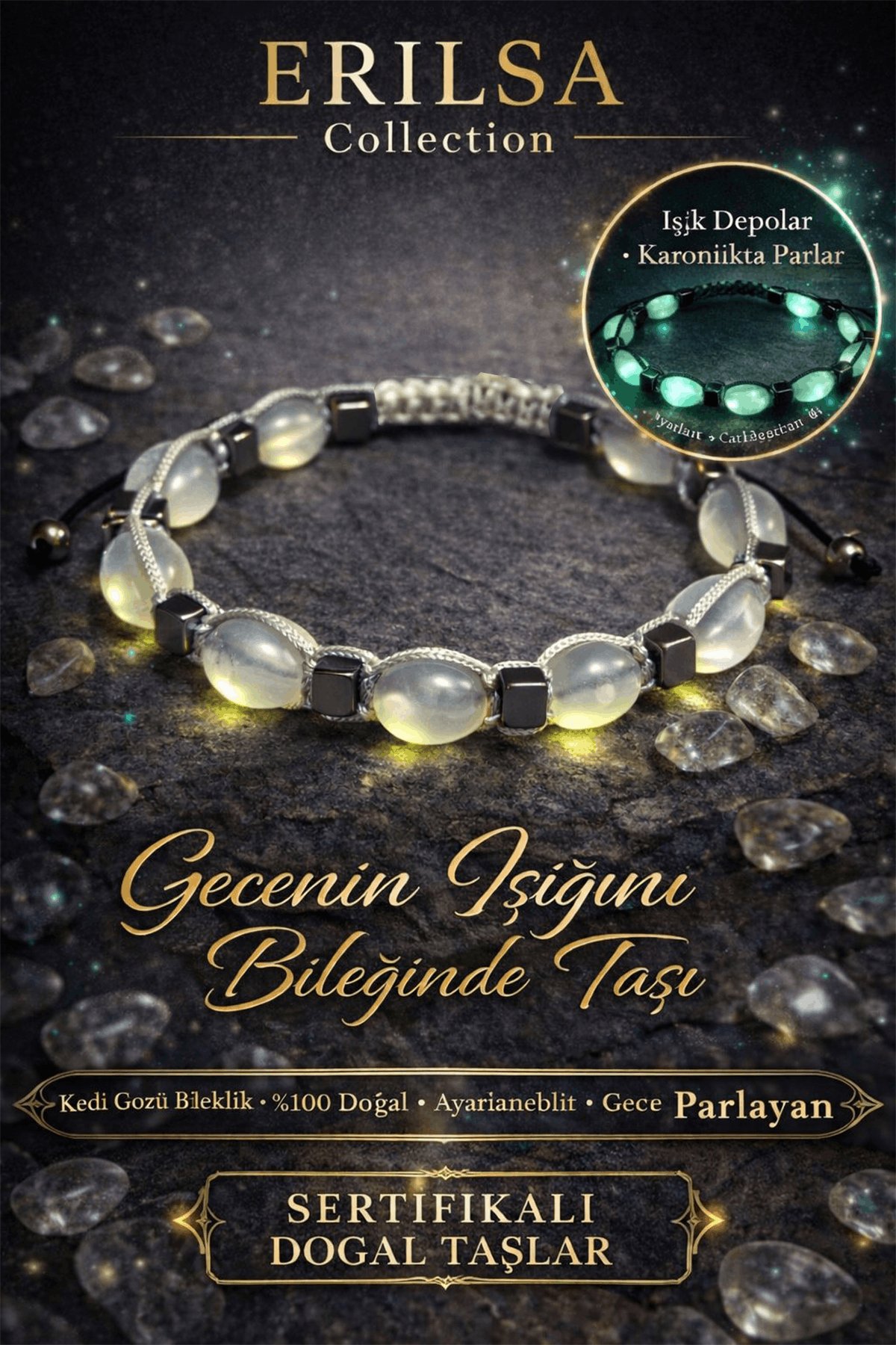 Sertifikalı Kedi Gözü Bileklik - 10mm Tombul Beyzi Kesim Fosforlu Gece Parlayan Akrilik Kehribar