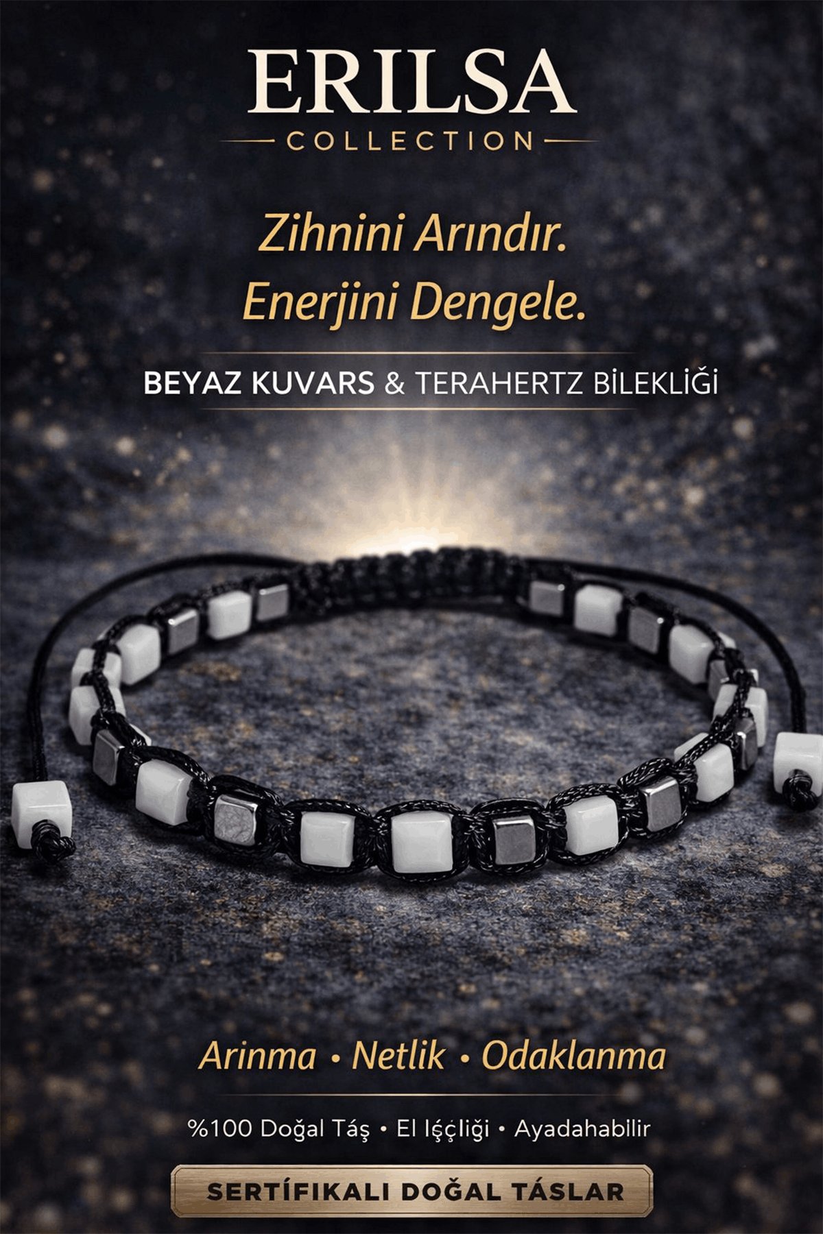 Sertifikalı Doğal Taş Beyaz Kuvars Terahertz Bileklik - Küp Kesim Fasetli Arınma Odak Bilekliği