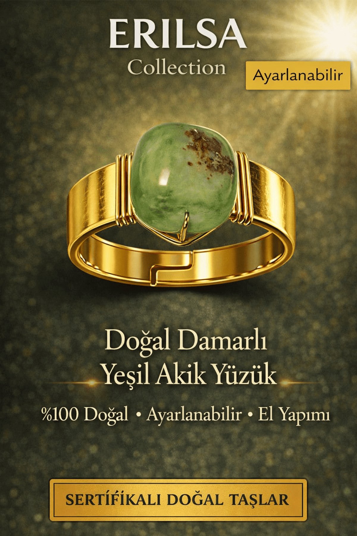 Sertifikalı Yeşil Akik Doğal Taş Yüzük Ayarlanabilir El Yapımı Enerji Taşı