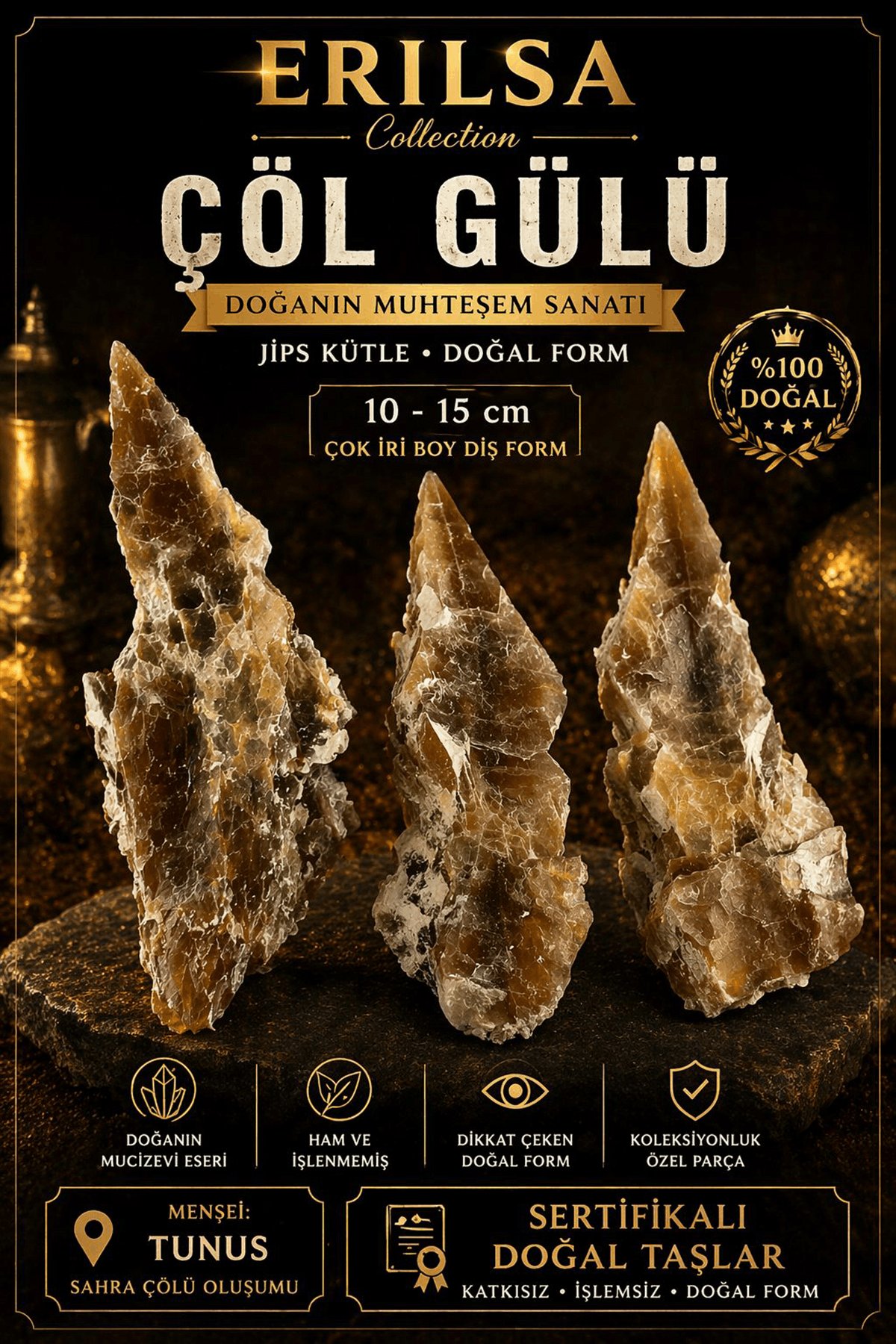 Sertifikalı Çöl Gülü Taşı Kütle - 10-15 cm Çok İri Diş Doğal Jips Kristal Toplu