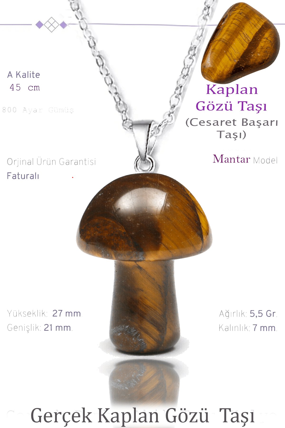 Sertifikalı Mantar Model Kaplan Gözü Taşı Kolye - Gümüş Aparatlı