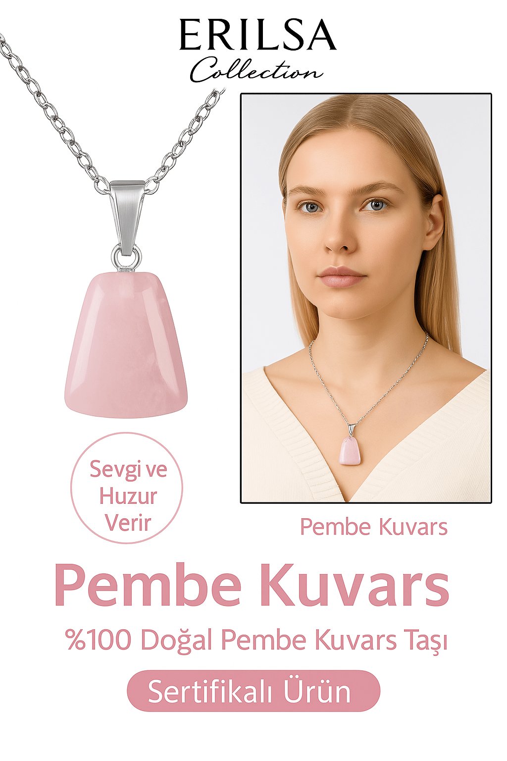 Sertifikalı AAA+ Pembe Kuvars Taşı Kolye – Beşgen Model, Gümüş Aparatlı
