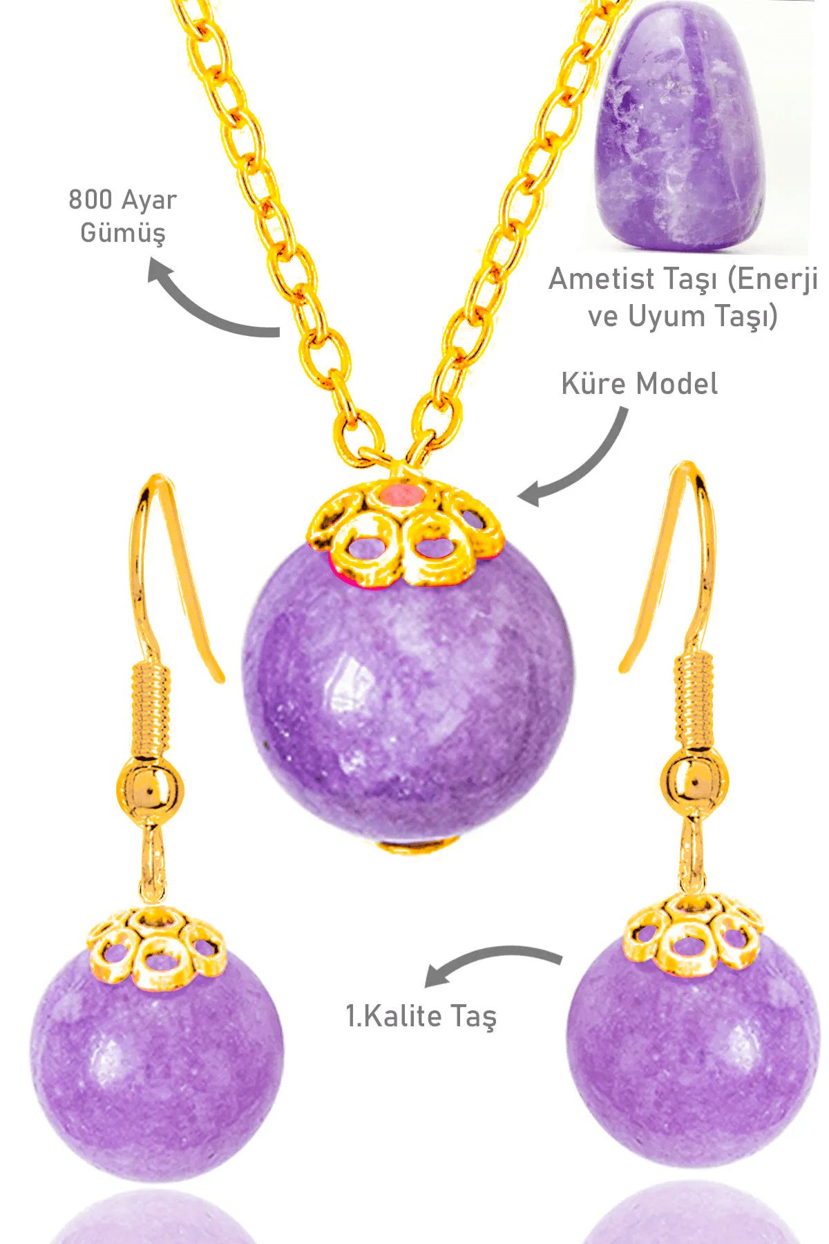 Sertifikalı Gold Küre Model Ametist Taşı Kolye ve Küpe Seti - Gümüş Aparatlı