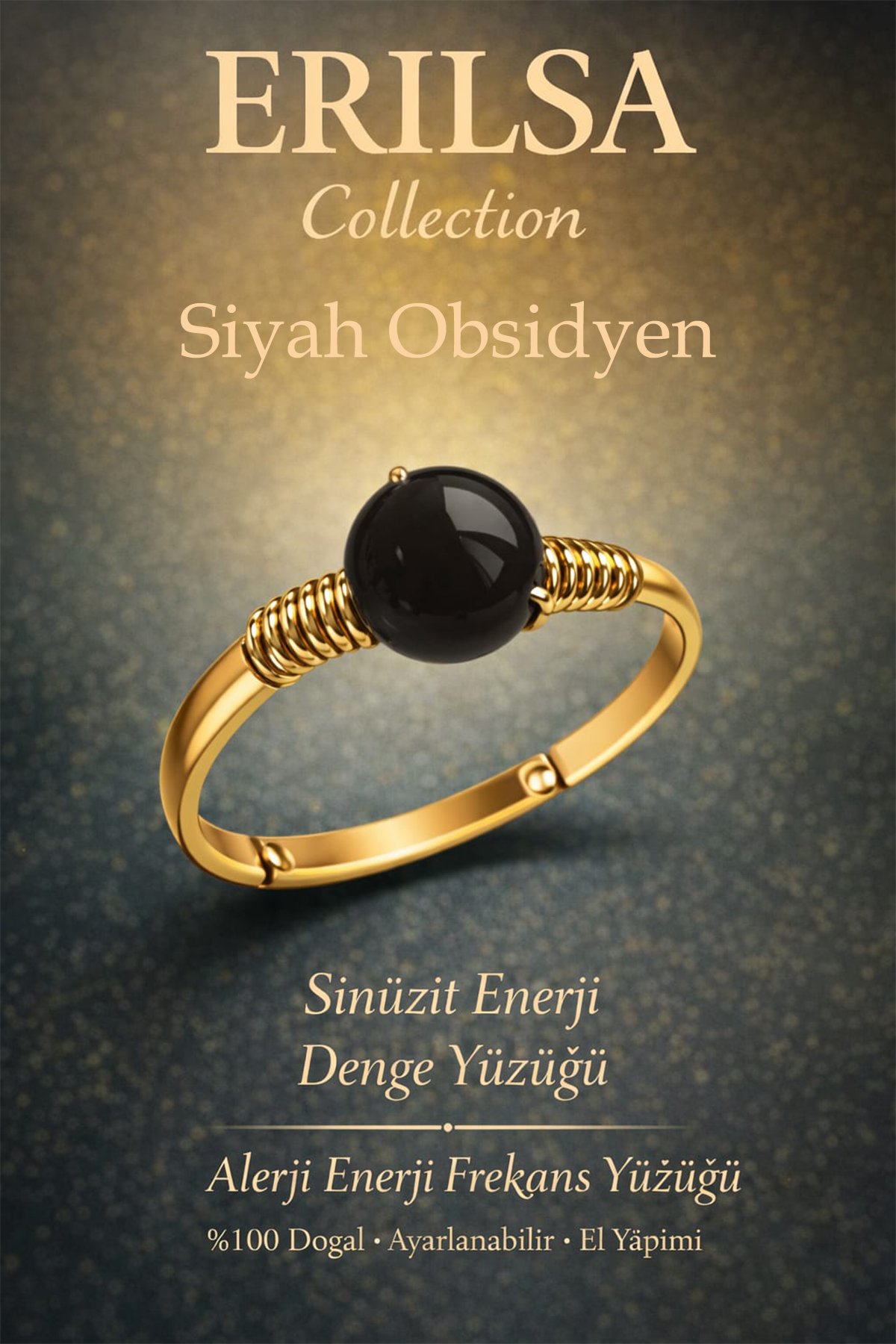 Sertifikalı Sinüzit Enerji Denge Yüzüğü – Siyah Obsidyen Ayarlanabilir Gold İnce Kasa Oğlak Akrep