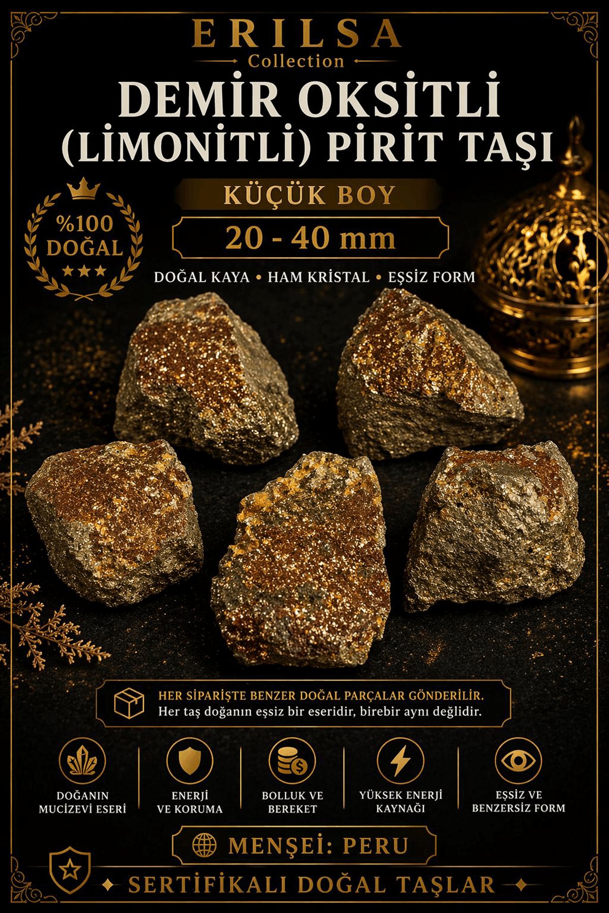 Sertifikalı Demir Oksitli Limonitli Pirit Taşı 20-40 mm Küçük Boy Doğal Ham Kütle