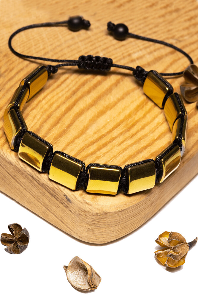 Sertifikalı 24k Altın Kaplama Sarı Hematit Taşı Bileklik - Makrome