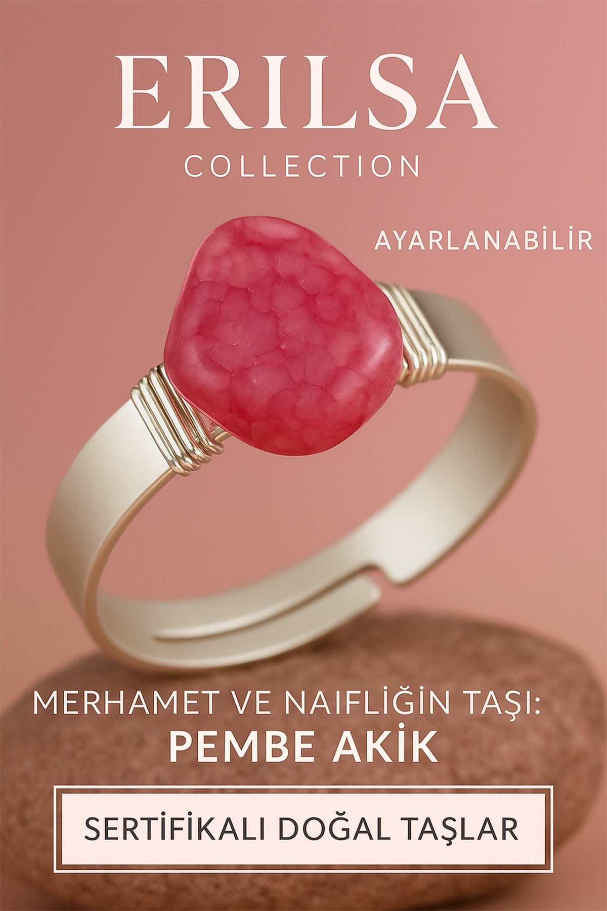 Sertifikalı Doğal Pembe Akik Taşı Yüzük – Ayarlanabilir Kalın Tımbıl Kasa