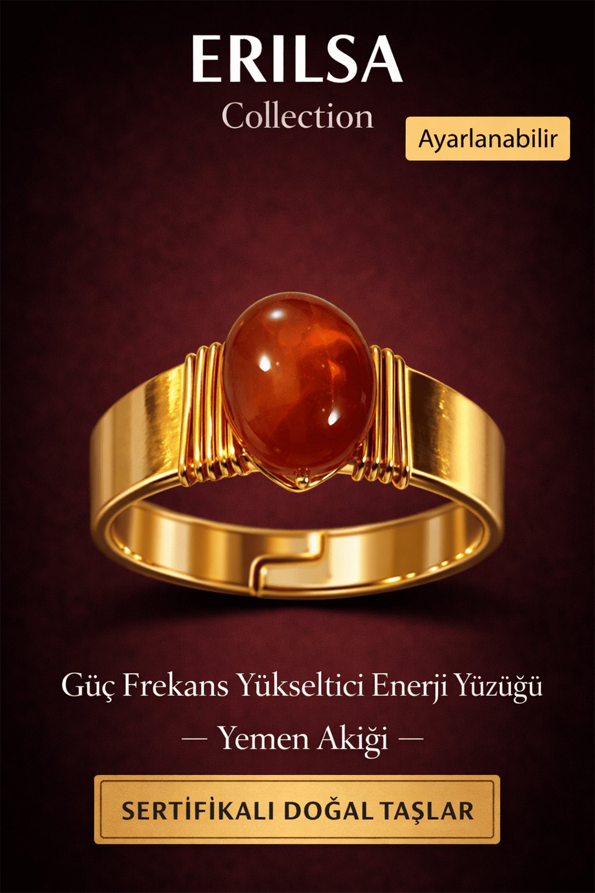 Sertifikalı Kızıl Yemen Akiği Doğal Taş Yüzük Ayarlanabilir - Bakır Üzeri Altın Kaplama Enerji Yüzüğü