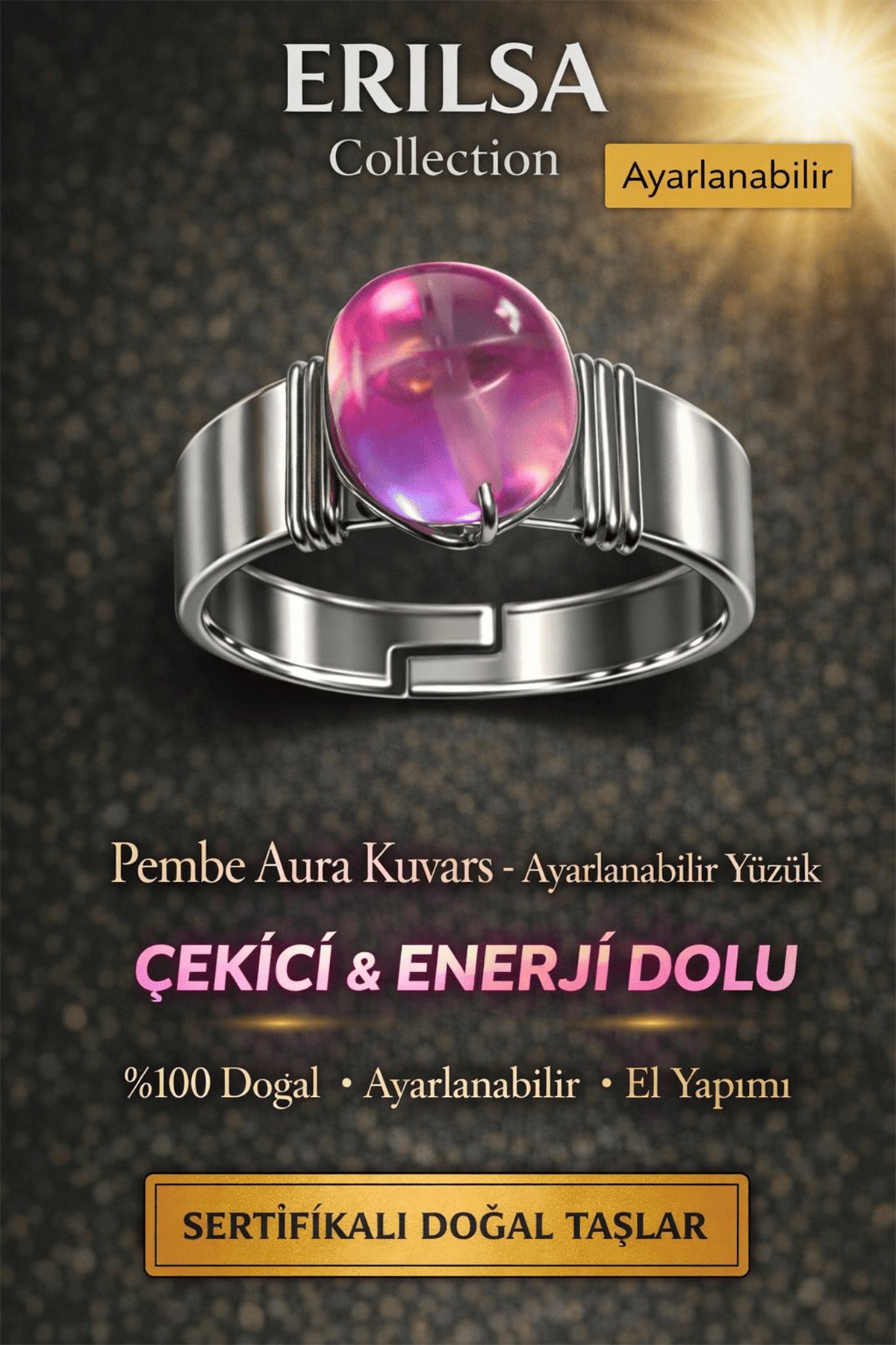 Sertifikalı Pembe Aura Kuvars Yüzük Doğal Taş Ayarlanabilir El Yapımı Şık Tasarım