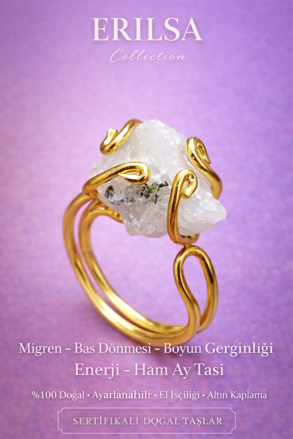 Sertifikalı Migren Baş Dönmesi Boyun Gerginliği Enerji Yüzüğü – Ham Ay Taşı – Ayarlanabilir Rokoko