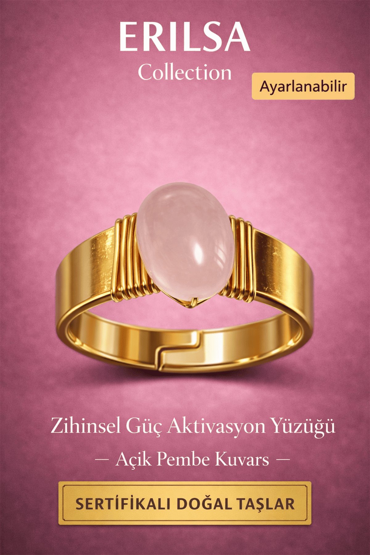 Sertifikalı Açık Pembe Kuvars Doğal Taş Yüzük Ayarlanabilir - Bakır Üzeri Altın Kaplama Aşk Taşı