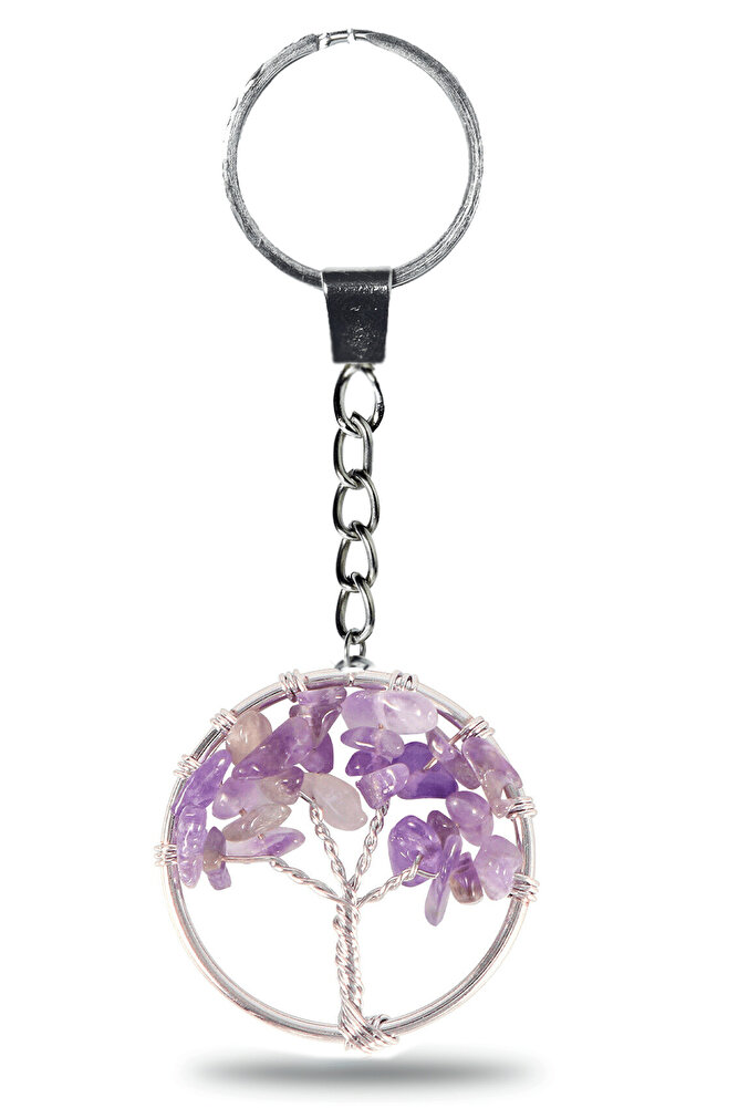 Sertifikalı Ametist Taşı Hayat Ağacı Doğal Taş Anahtarlık
