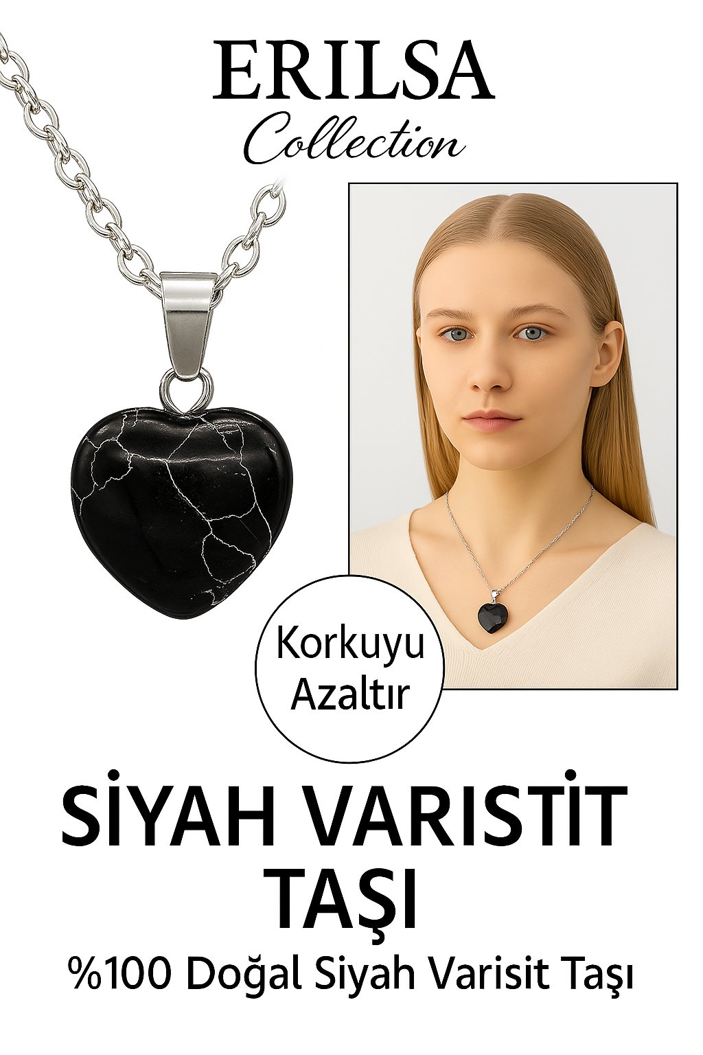 Sertifikalı Kalp Model Siyah Varisit Taşı Kolye – Korkuyu Azaltan ve Sakinleştiren Taş