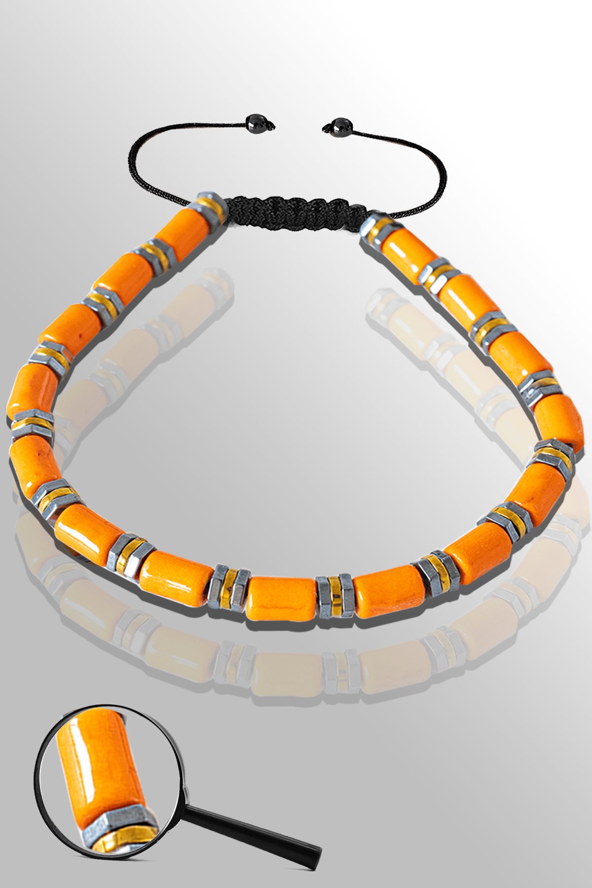 Sertifikalı Gold - Silver Hematitli Turuncu Sedef Taşı Bileklik - Ayarlamalı