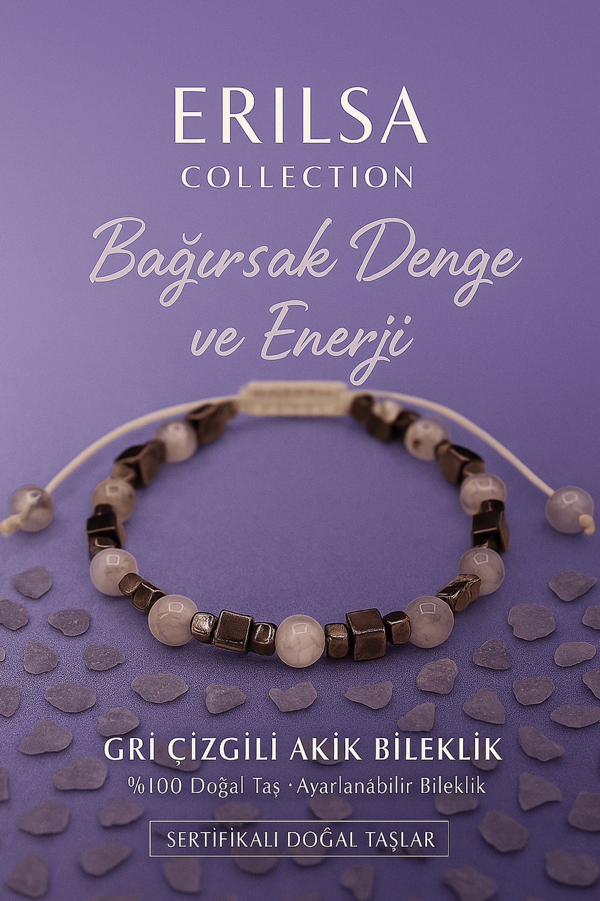 Sertifikalı Sindirim Destekleyici Bağırsak Denge Bilekliği – Gri Akik ve Terahertz Taşı