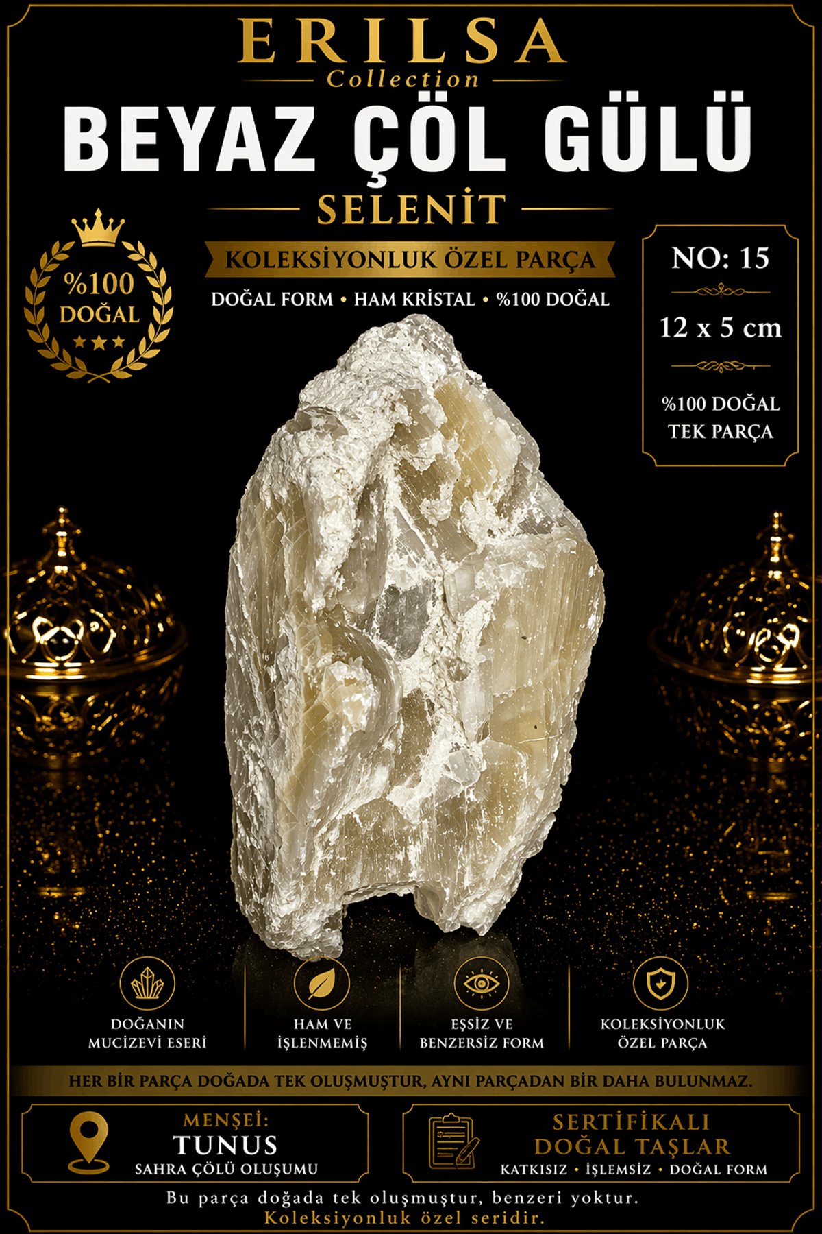 Sertifikalı Beyaz Çöl Gülü Selenit Taşı Kütle - 12x5 cm Koleksiyonluk Doğal Tek Parça