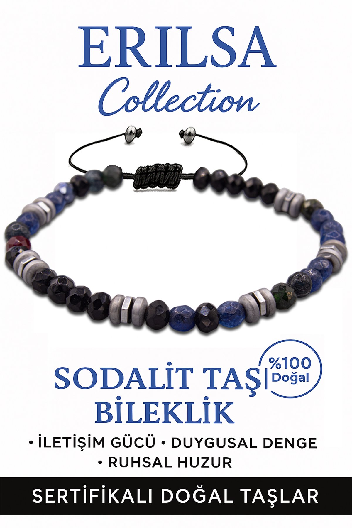 Sertifikalı Fasetli AAA+ Terahertz ve Sodalit Taşı Bileklik – İnce Model Zihinsel Berraklık