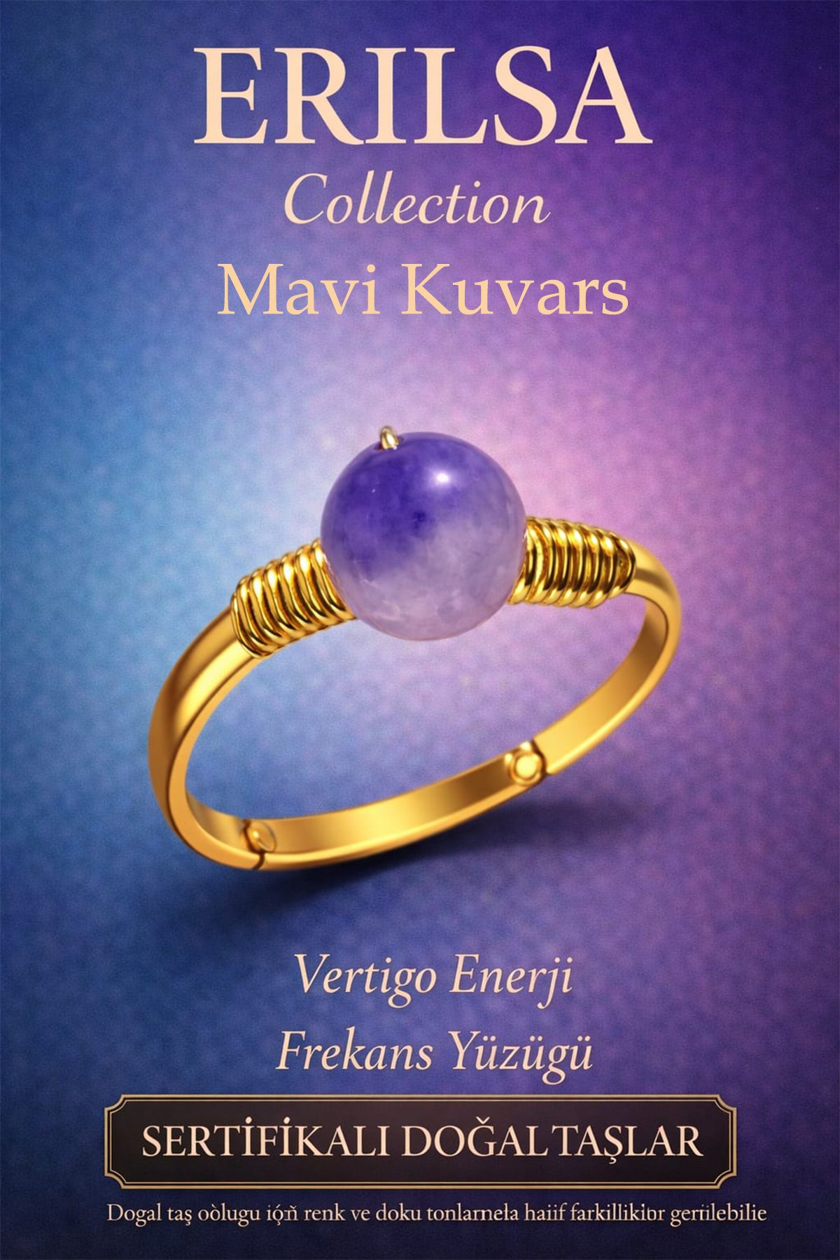 Sertifikalı Vertigo Enerji Yüzüğü – Mavi Kuvars Ayarlanabilir Gold İnce Kasa Balık Kova Burcu