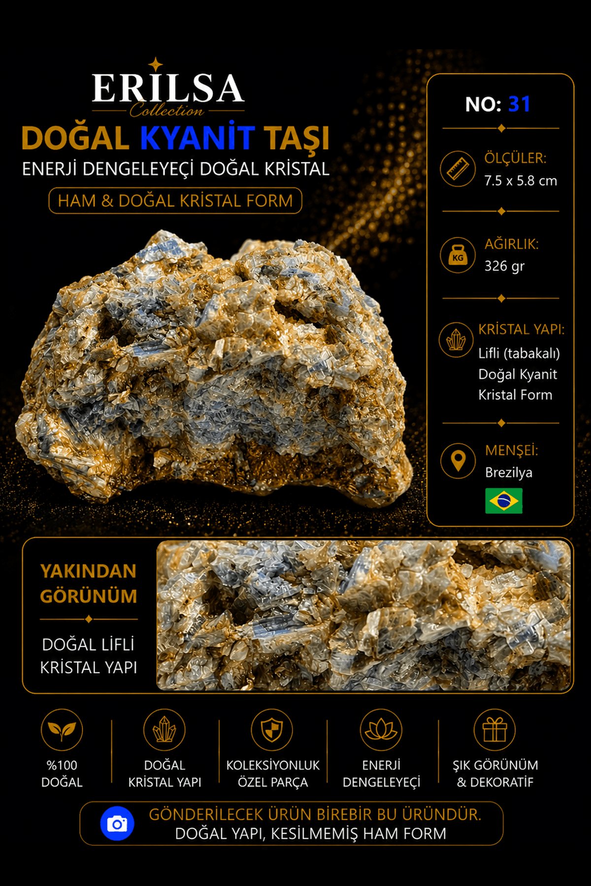 Sertifikalı Doğal Kyanit Taşı Ham Kristal Kütle Koleksiyonluk Mineral Kaya No 31