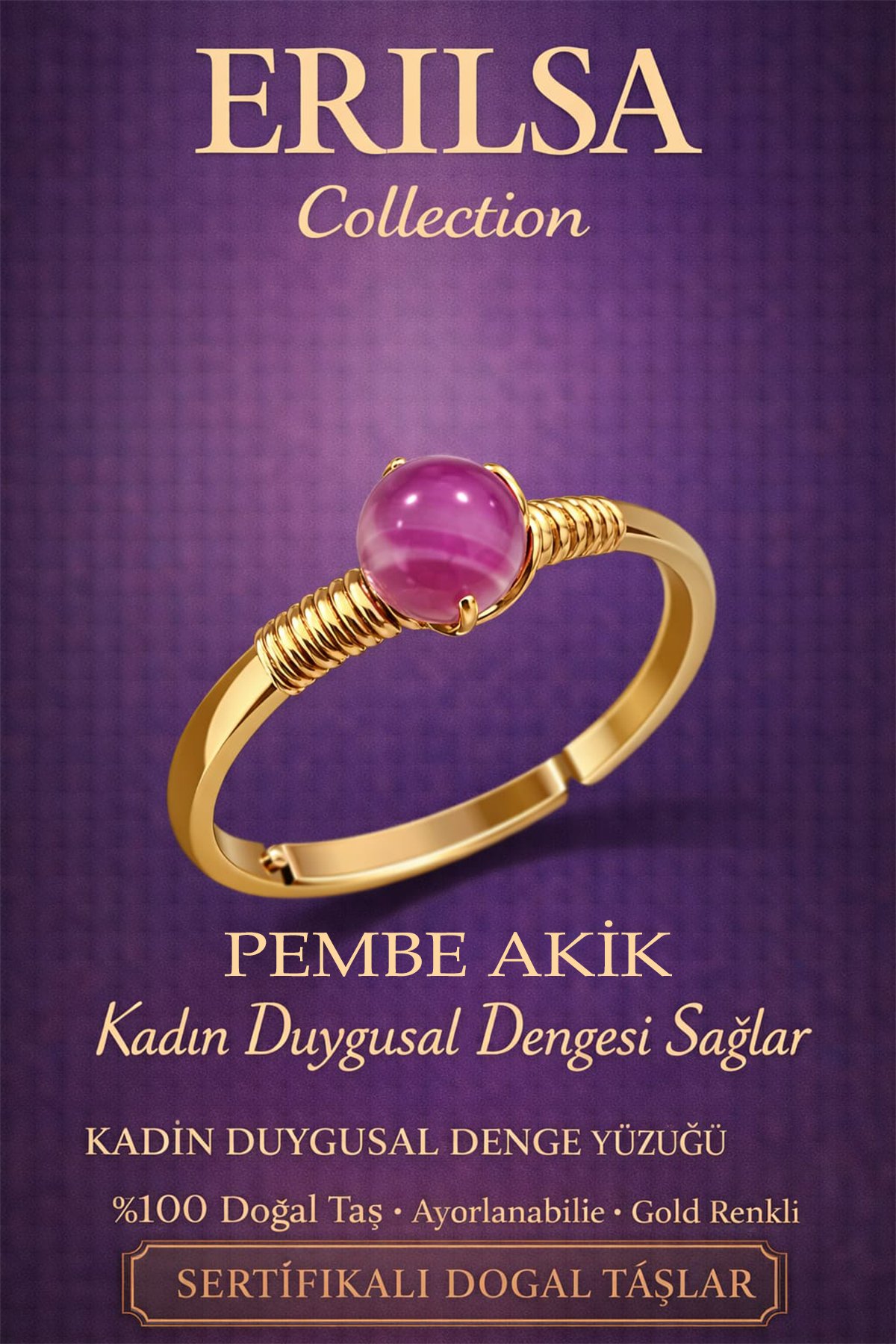 Sertifikalı Kadın Duygusal Denge Enerji Yüzüğü - Pembe Akik Ayarlanabilir Gold Terazi Boğa Burcu