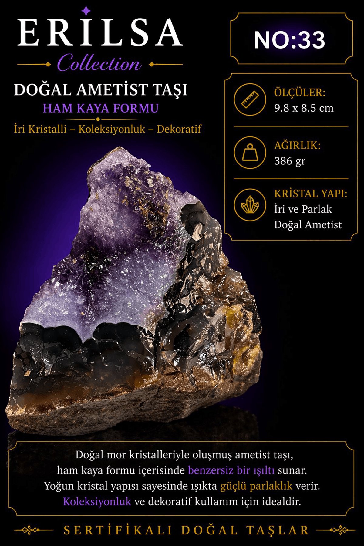 Sertifikalı Doğal Ametist Taşı Ham Kaya İri Kristalli Mor Dekoratif Kütle NO33