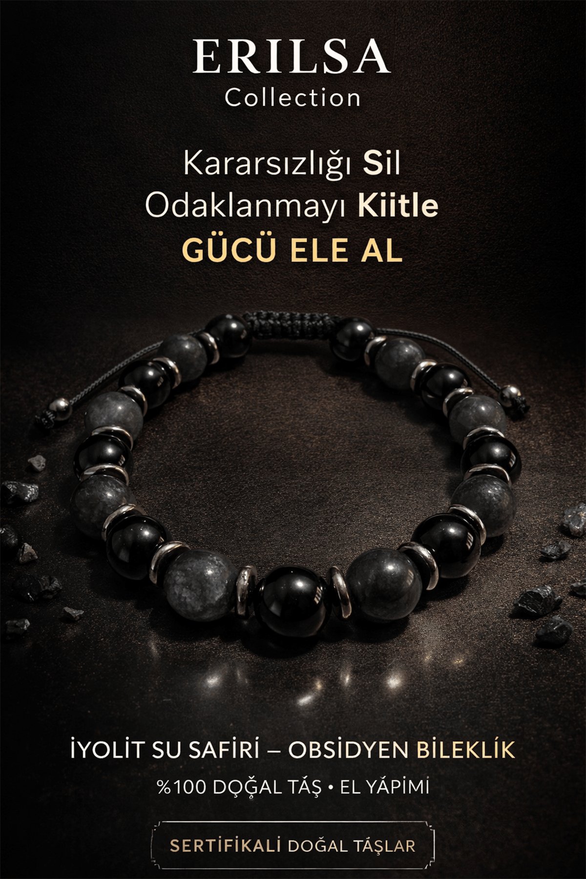 Sertifikalı Obsidyen İyolit Su Safiri Bileklik - 8 mm Doğal Taş Terahertz Aparatlı El Yapımı
