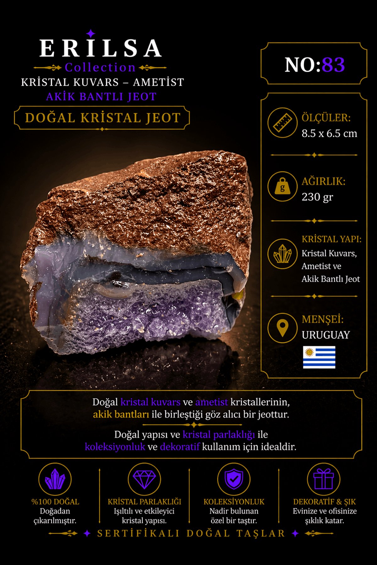 Sertifikalı Doğal Ametist Jeodu Akik Bantlı Kristal Kuvars Ham Kaya Uruguay NO83