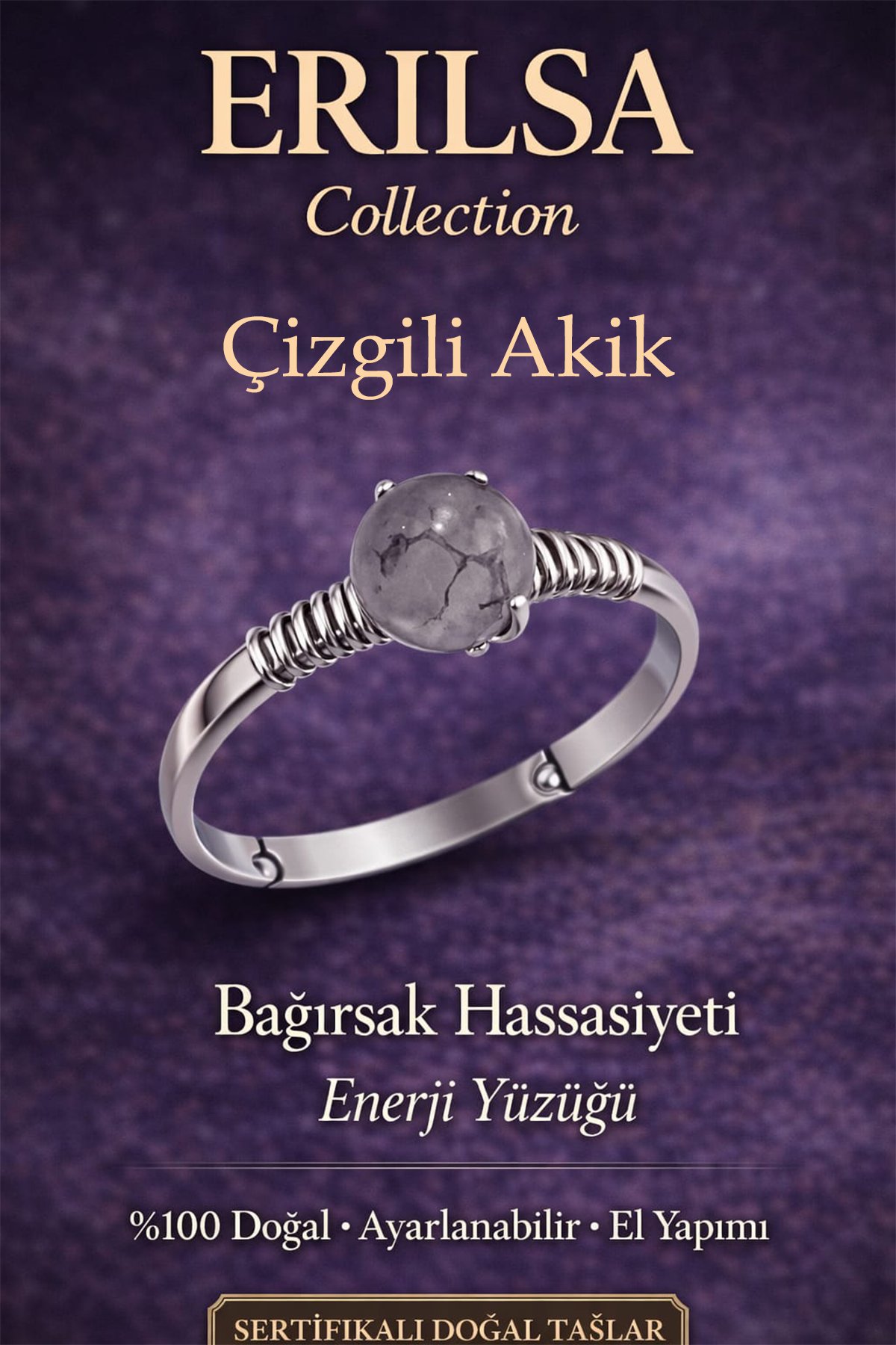 Sertifikalı Bağırsak Hassasiyeti Enerji Yüzüğü – Çizgi Akik Taşı Ayarlamalı İnce Başak Yengeç Oğlak