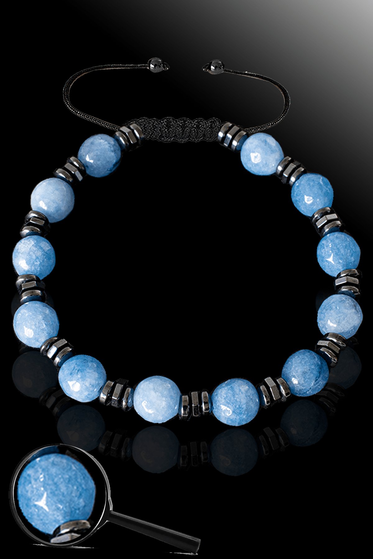 Sertifikalı Silver Hematitli Mavi Kalsedon Taşı Bileklik - Ayarlamalı