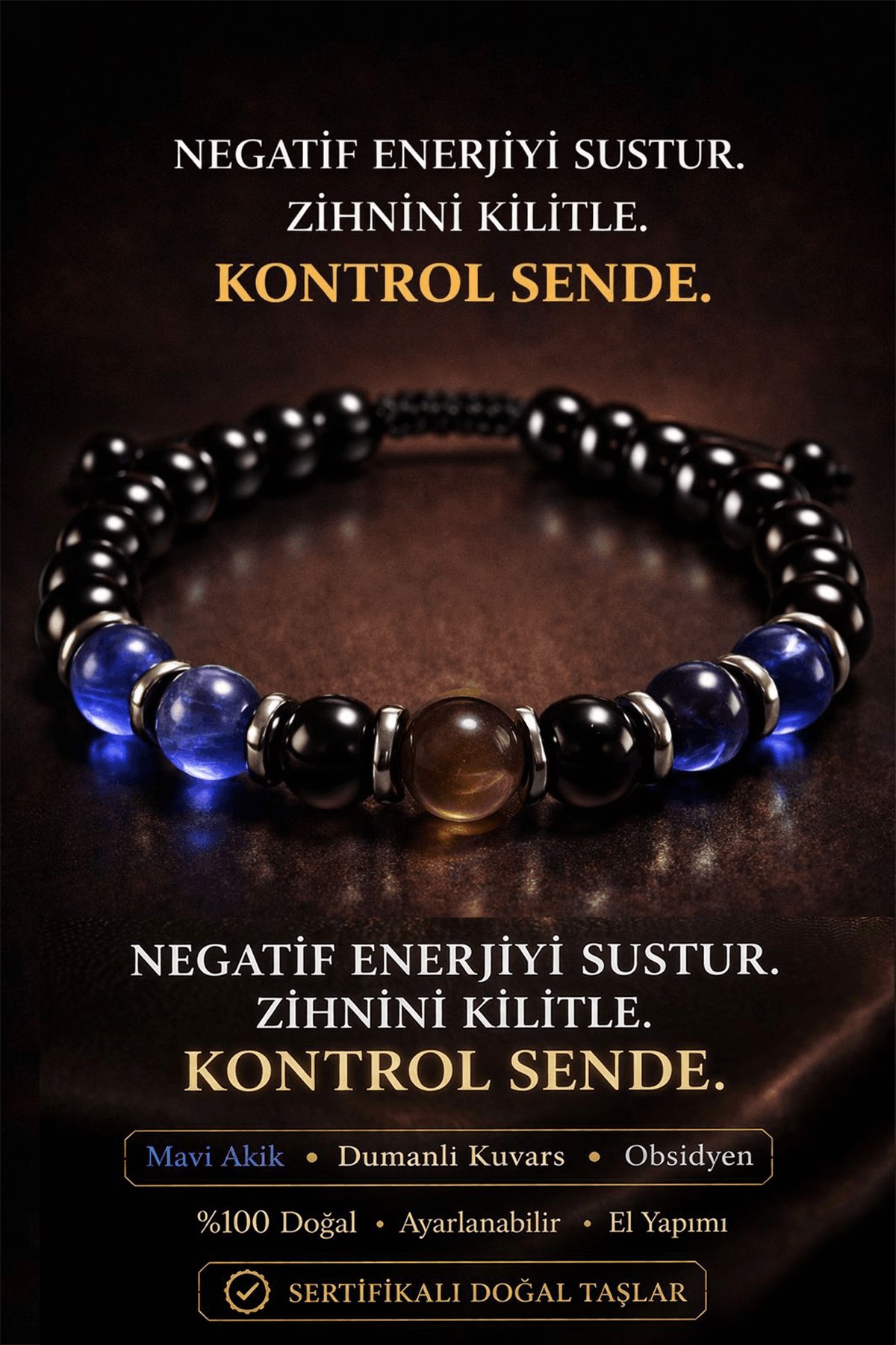 Sertifikalı Mavi Akik Dumanlı Kuvars Obsidyen Bileklik 8 mm Terahertz Aparatlı Unisex