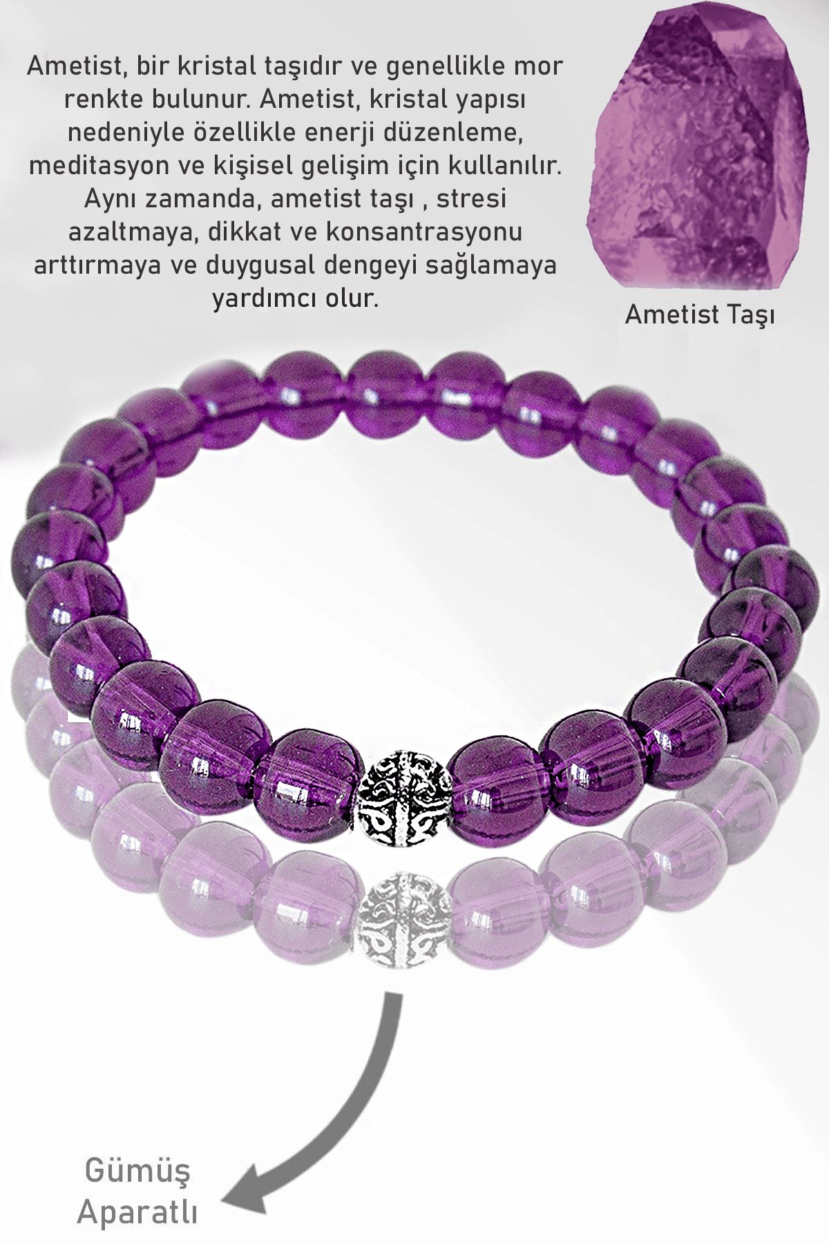 Sertifikalı AAA+ Şeffaf Mor Ametist Taşı Bileklik - Gümüş Aparatlı