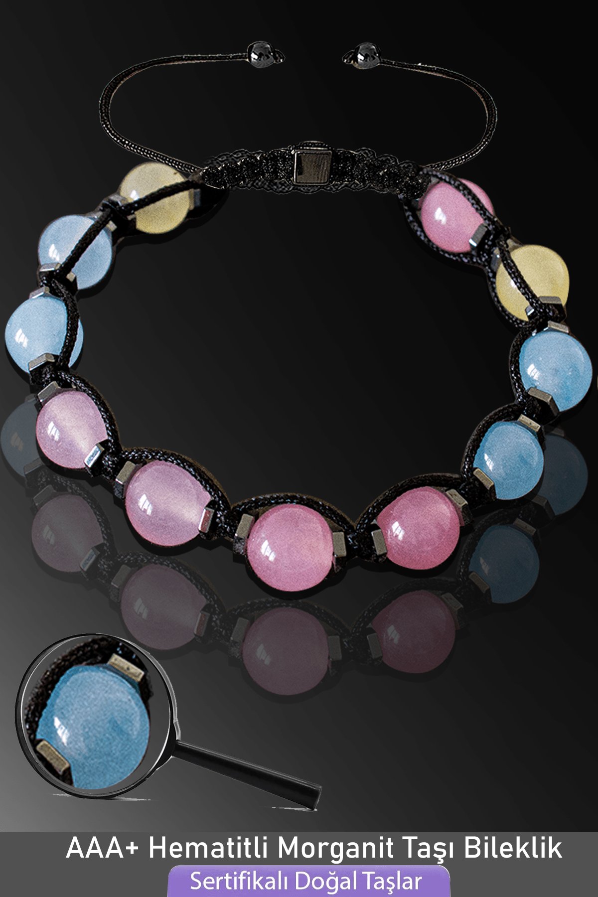 Sertifikalı Makrome Akuamarin Pembe Kuvars Morganit Taşı Bileklik