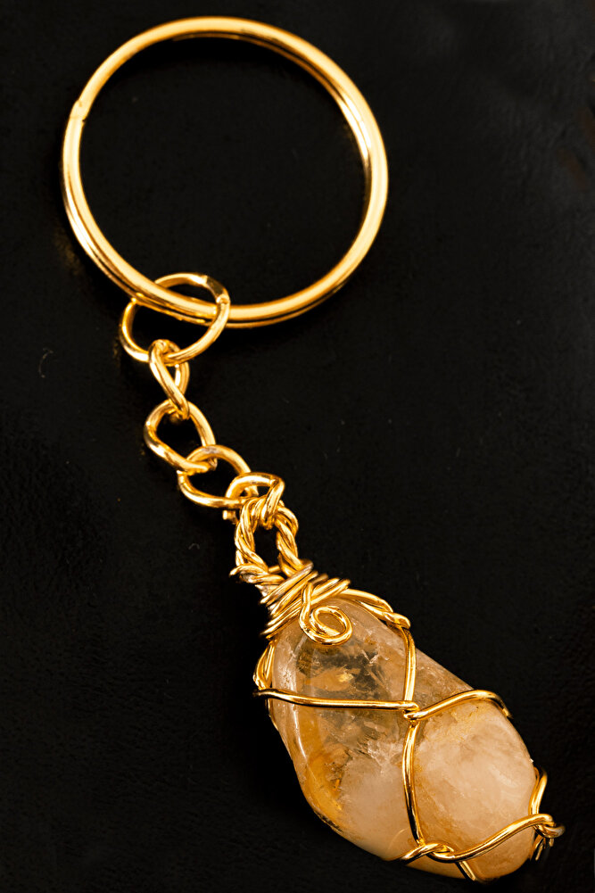 Sertifikalı Tel Sargılı Sitrin Taşı Anahtarlık - Altın Kaplama
