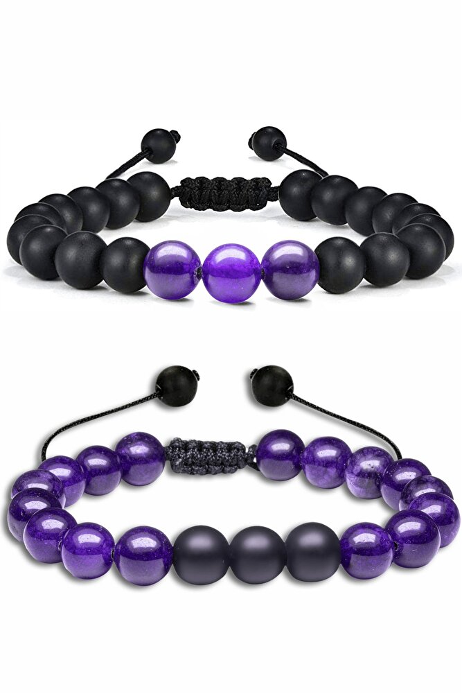 Sertifikalı Doğal Mor Akik Oniks Taşı Doğal Taş Bileklik Seti