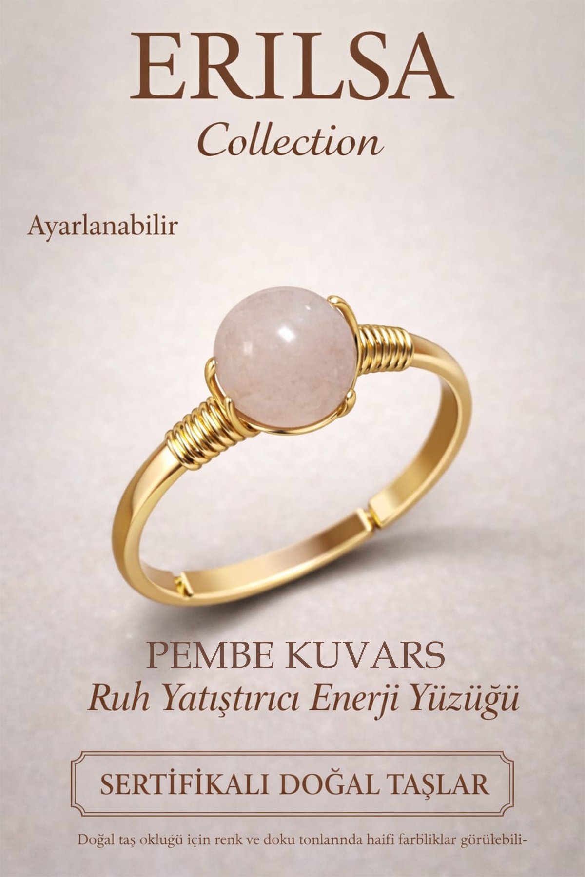 Sertifikalı Ruh Yatıştırıcı Enerji Yüzüğü – Pembe Kuvars Taşı Ayarlanabilir Gold Boğa Terazi Burcu