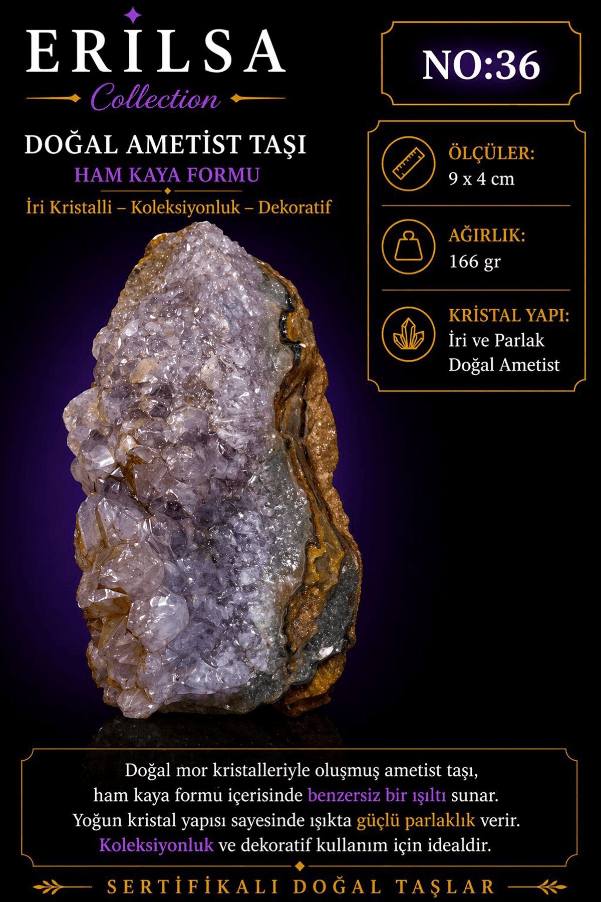 Sertifikalı Doğal Ametist Taşı Ham Kaya İri Kristalli Dekoratif Koleksiyonluk NO36