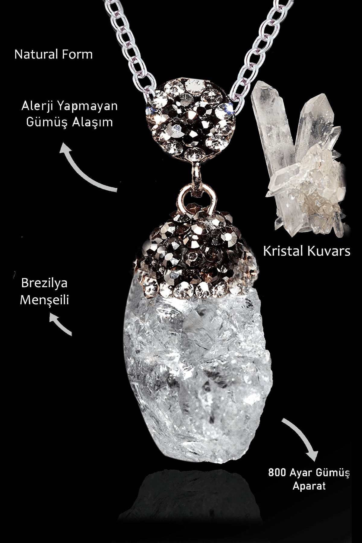 Sertifikalı Zirkon Taşlı Model Ham İşlenmemiş Kristal Kuvars Taşı Kolye