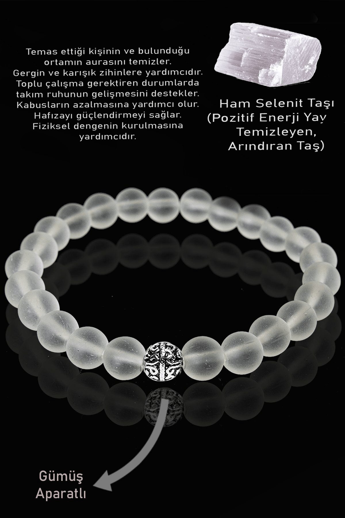 Sertifikalı AAA+ Ham İşlenmemiş Selenit Taşı Bileklik - Gümüş Aparatlı