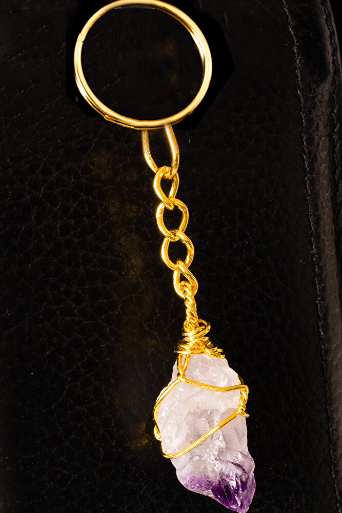 Sertifikalı Gold Tel Sargılı Ametist Taşı Anahtarlık