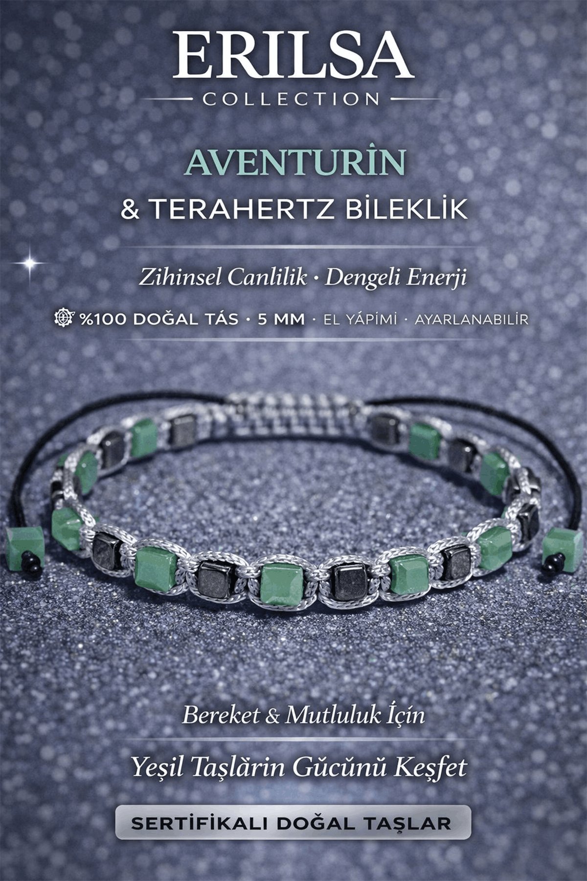 Sertifikalı Aventurin Taşı Bileklik - 5 mm Küp Kesim Terahertz Doğal Taş Ayarlanabilir Unisex
