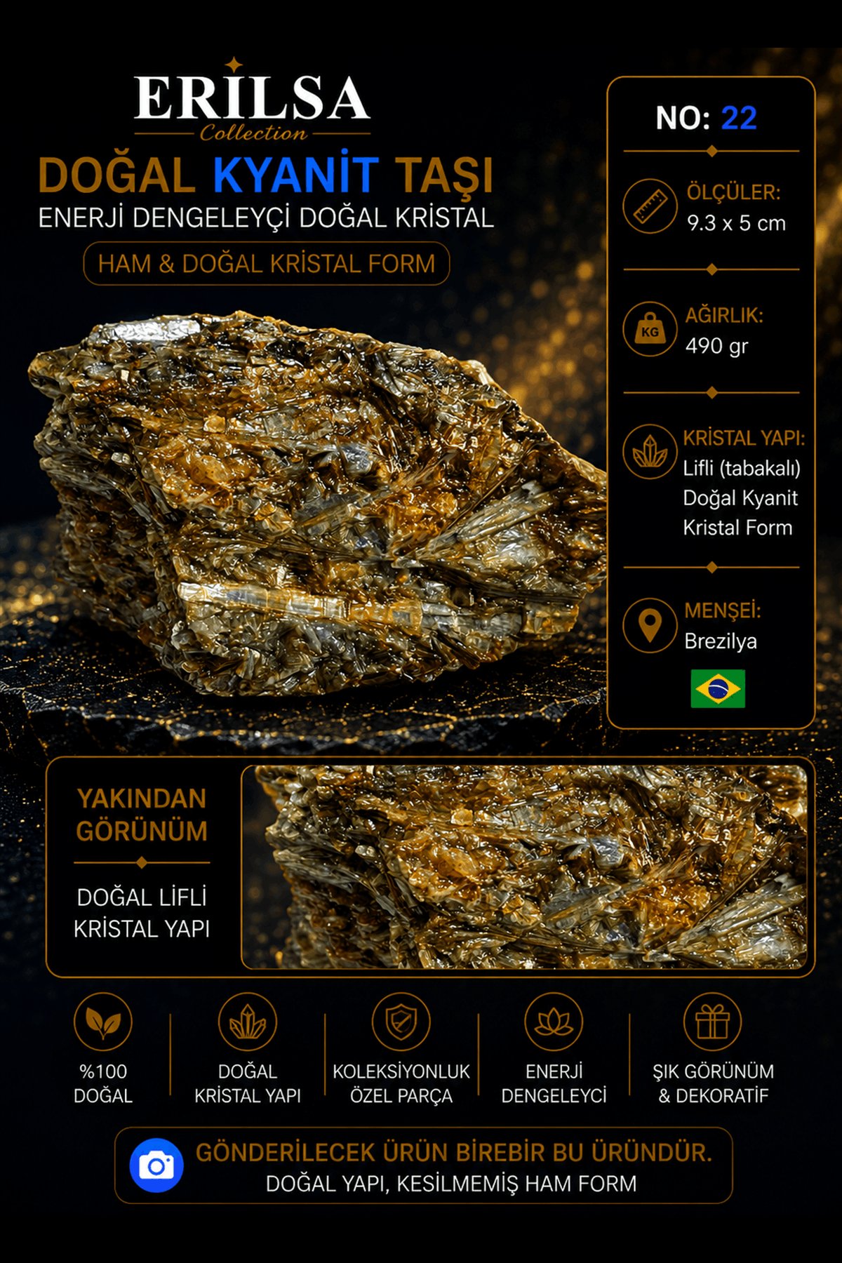 Sertifikalı Doğal Kyanit Taşı Ham Kristal Kütle Lifli Mineral Kaya No 23