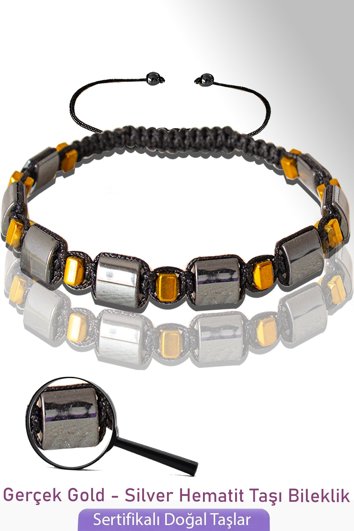 Sertifikalı Gerçek Gold - Silver Hematit Taşı Bileklik - Ayarlamalı