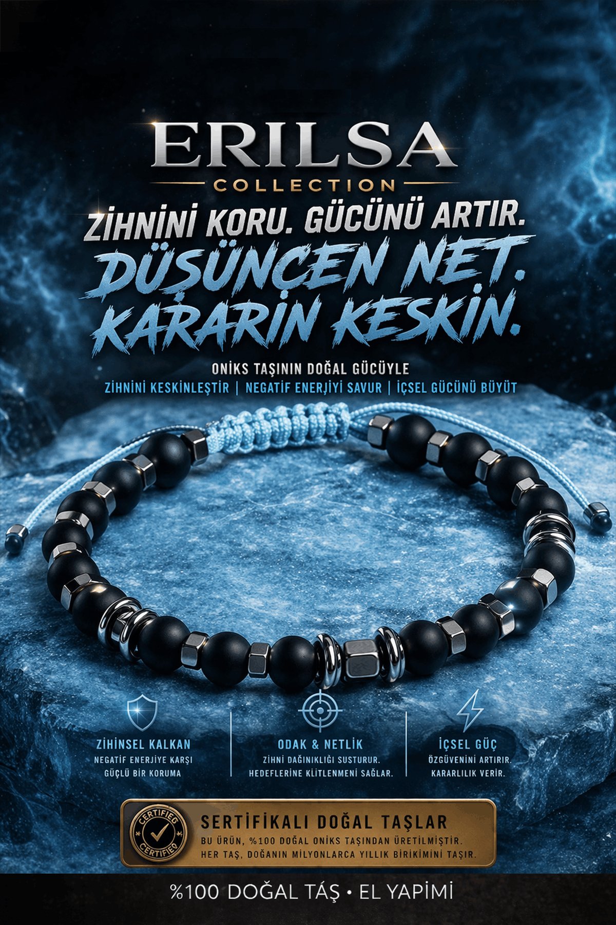 Sertifikalı Oniks Terahertz Bileklik - 6 mm Doğal Taş Unisex El Yapımı Ayarlanabilir Bileklik