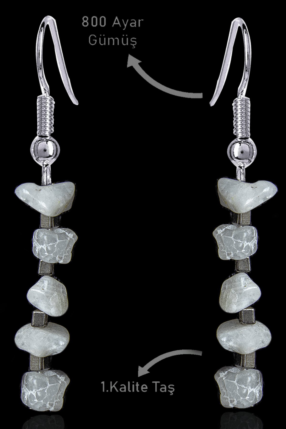 Sertifikalı Kırık Taşlı Model Beyaz Akik Taşı Küpe