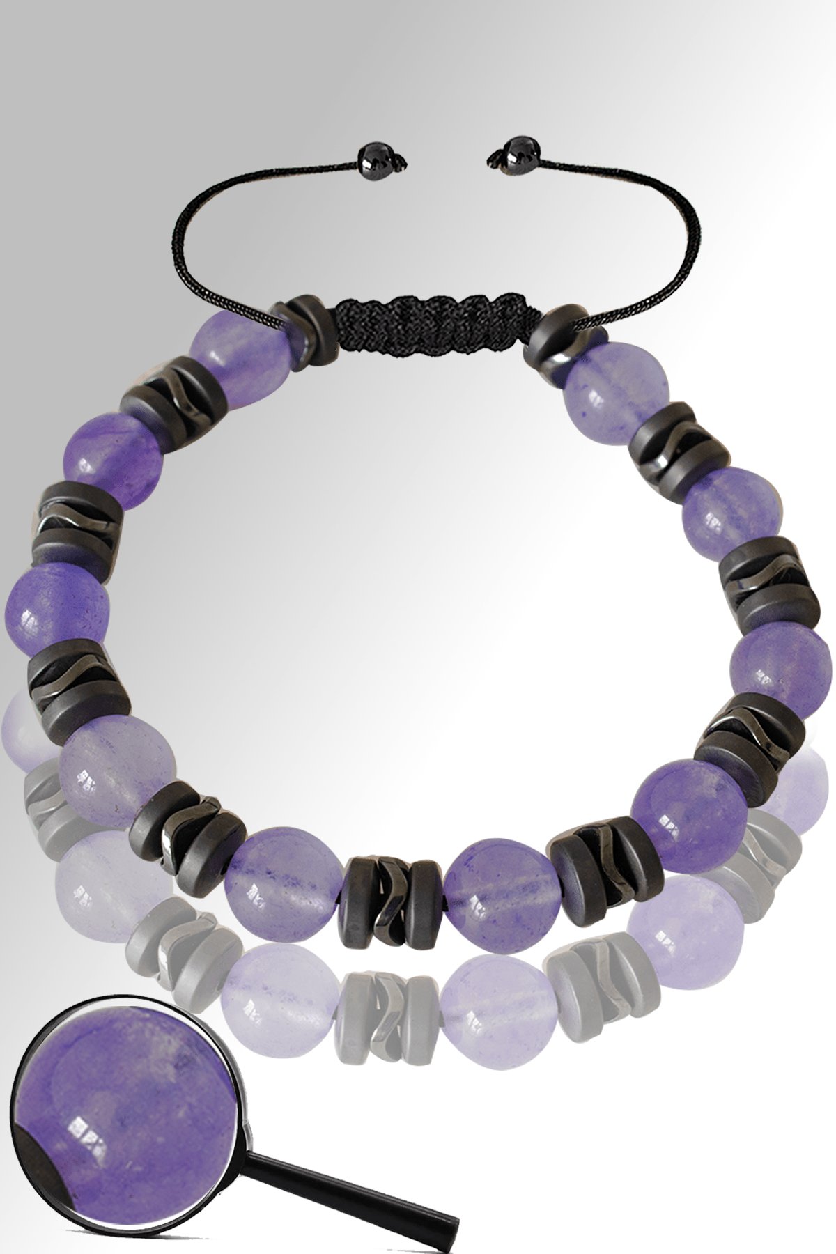 Sertifikalı Mat Hematit - Açık Mor Kuvars Taşı Bileklik - Ayarlamalı