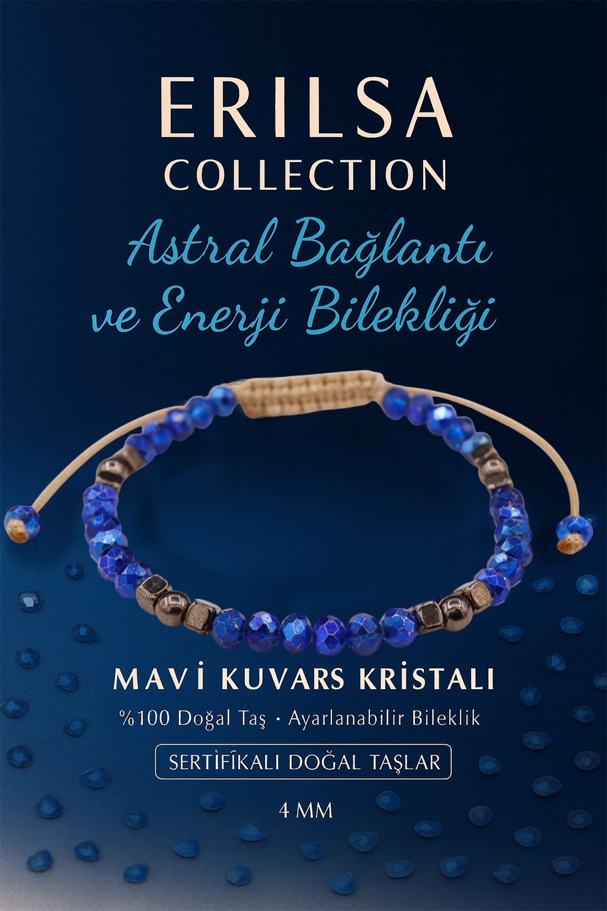 Sertifikalı Astral Bağlantı ve Enerji Bilekliği – Mavi Kuvars Kristali (İnce Model)