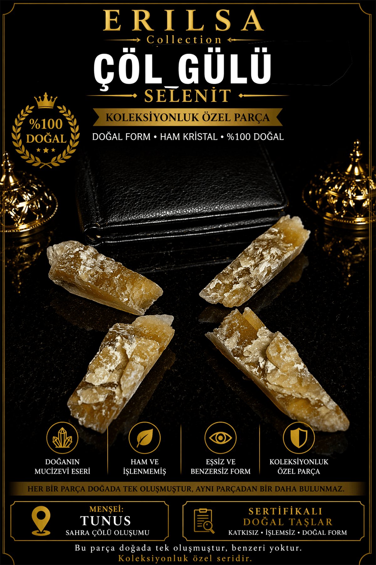 Sertifikalı Çöl Gülü Taşı Kütle - Cüzdanlık Boy Doğal Bereket Para Çekim Taşı