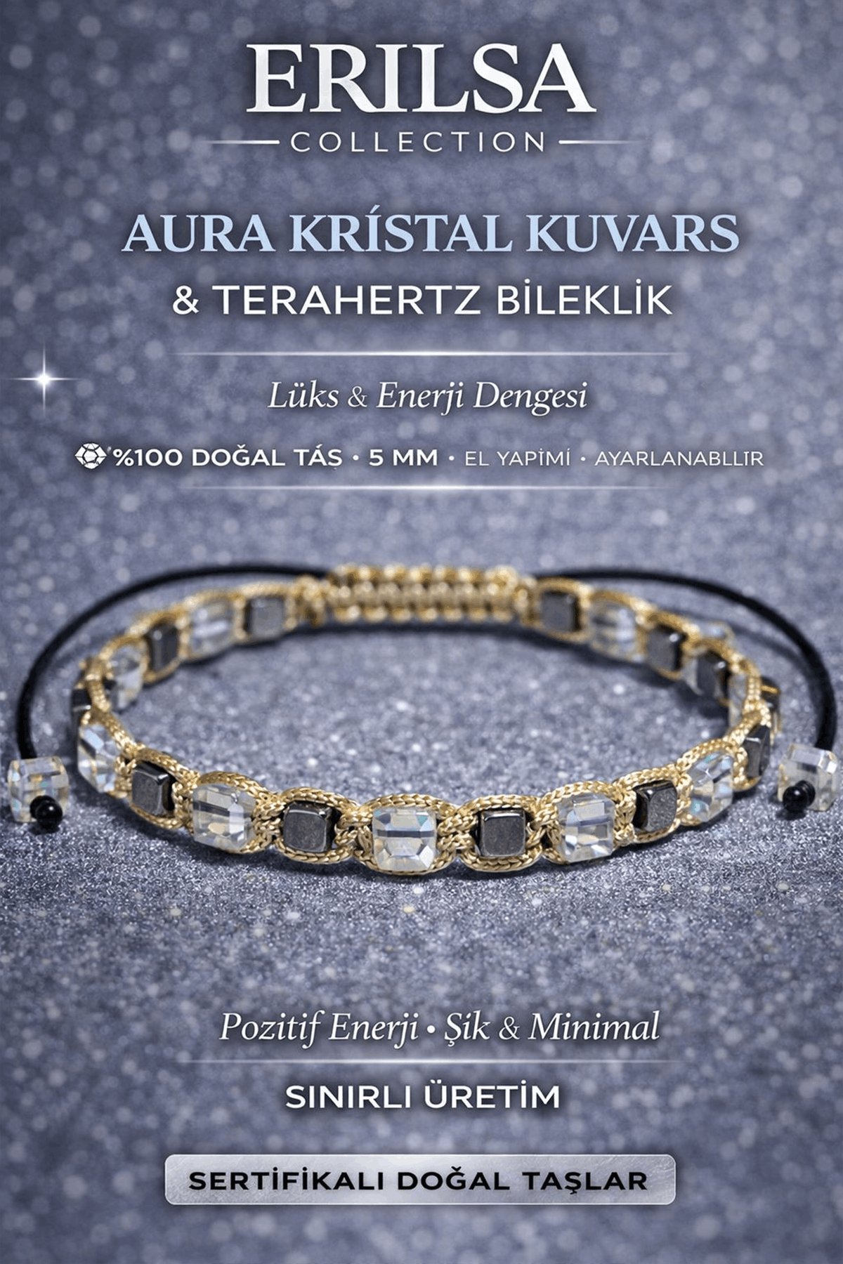 Sertifikalı Aura Kristal Kuvars Bileklik - 5 mm Küp Kesim Terahertz Doğal Taş Ayarlanabilir Minimal