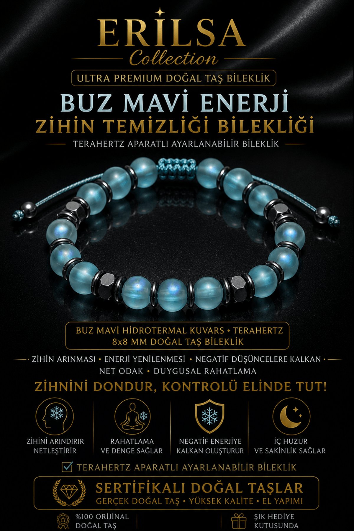 Sertifikalı Terahertz - Buz Mavi Hidrotermal Kuvars Zihin Temizleme Bilekliği - 8 MM Unisex Taş